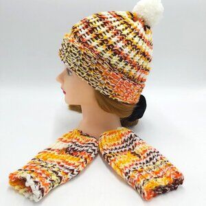 Handmade Loom Knit Fingerless Gloves Beanie Hat Toque Pompom Size Small Autumn
